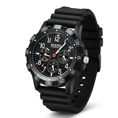 Black wristwatch with detailed face on a white background