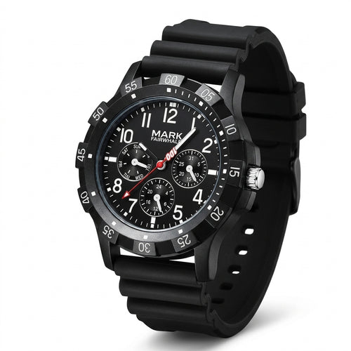 Black wristwatch with detailed face on a white background
