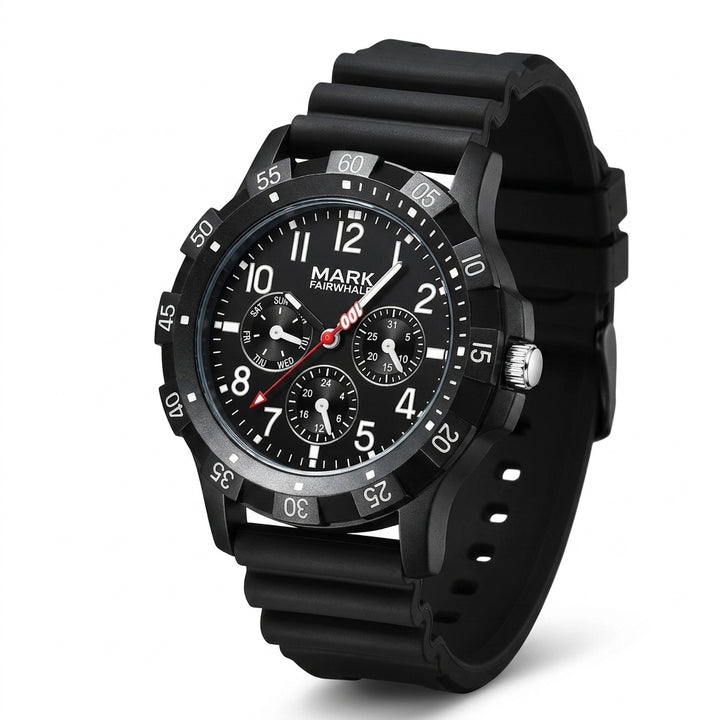 Black wristwatch with detailed face on a white background