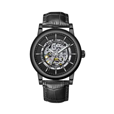 Black wristwatch with detailed face on a white background
