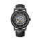 Black wristwatch with detailed face on a white background