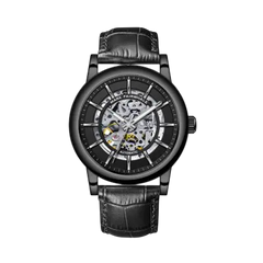 Black wristwatch with detailed face on a white background