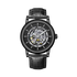 Black wristwatch with detailed face on a white background