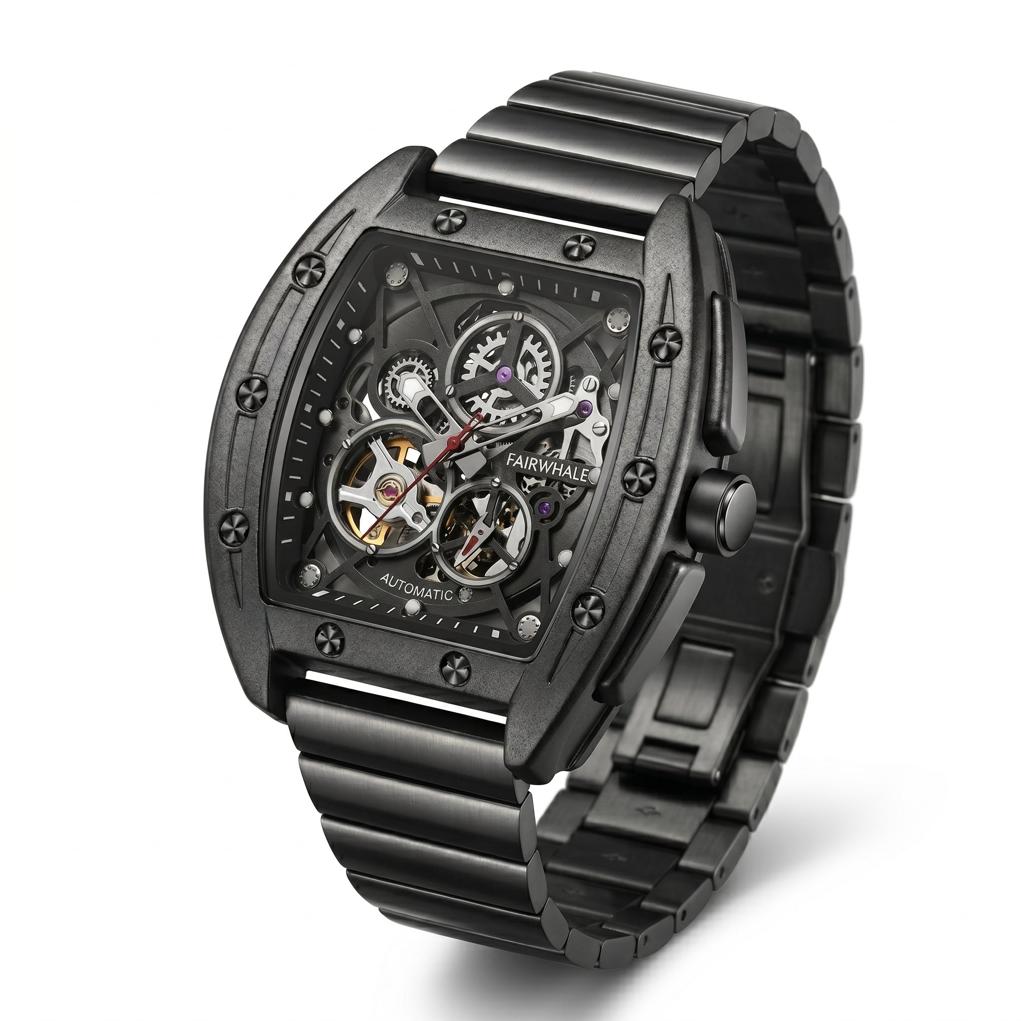 Black wristwatch with visible mechanical components on a white background