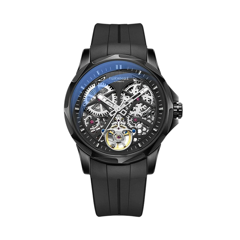 Black wristwatch with visible mechanical components on a white background