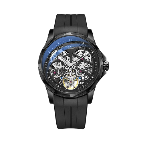 Black wristwatch with visible mechanical components on a white background