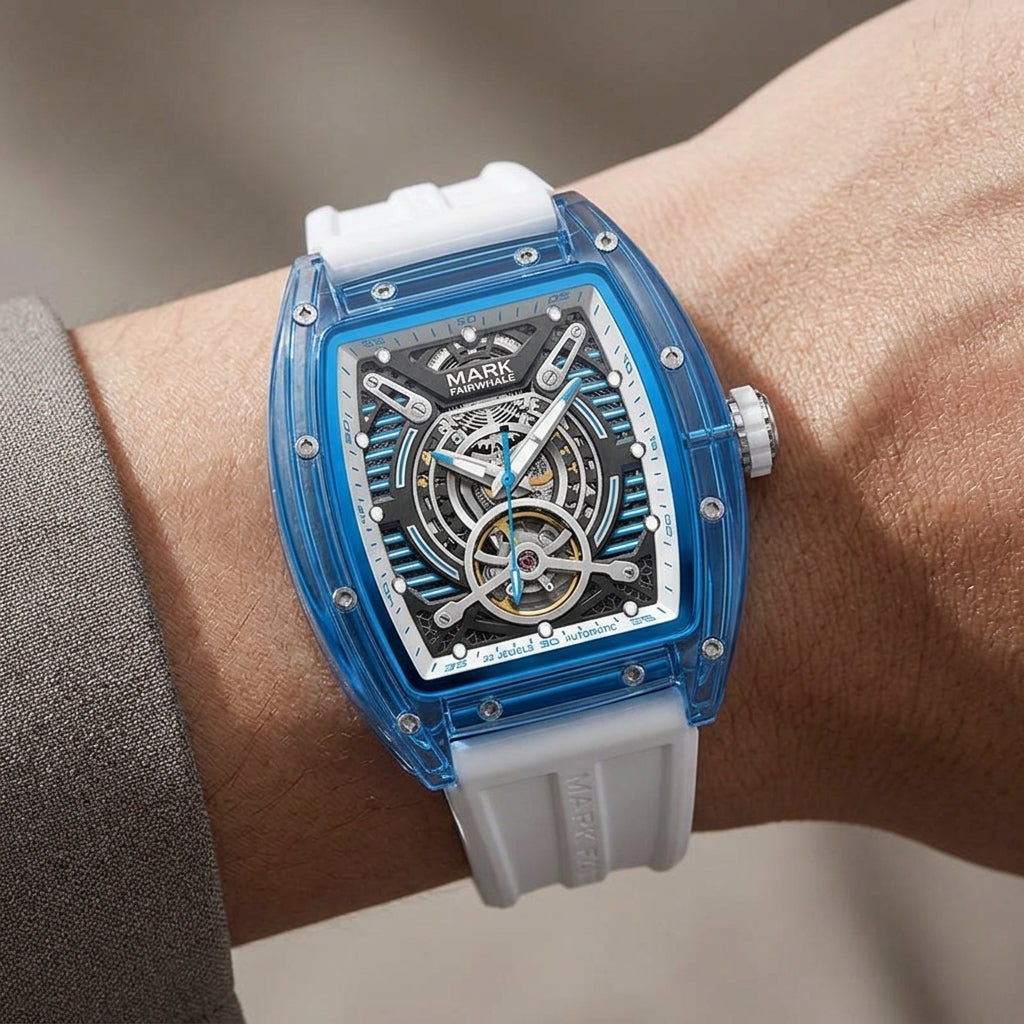 Blue and white watch on a wrist with a blurred background