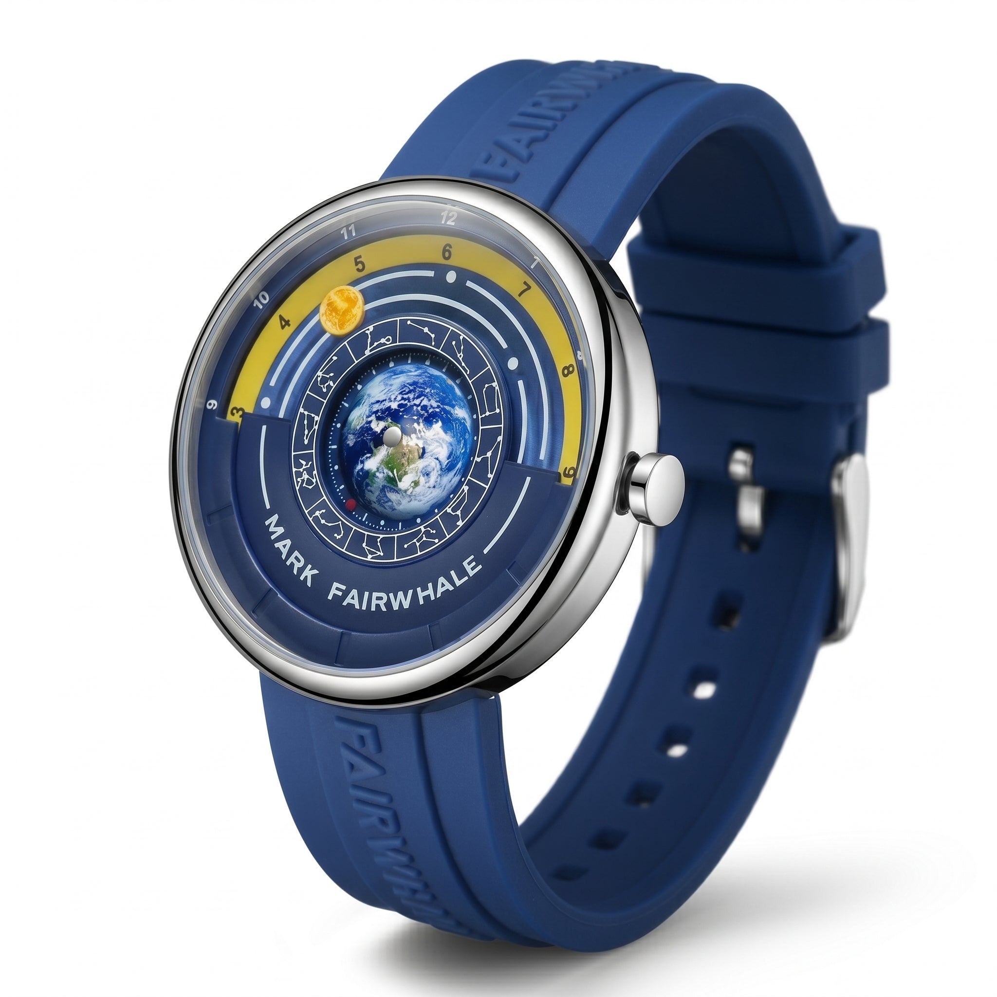 Blue watch with a detailed face on a white background