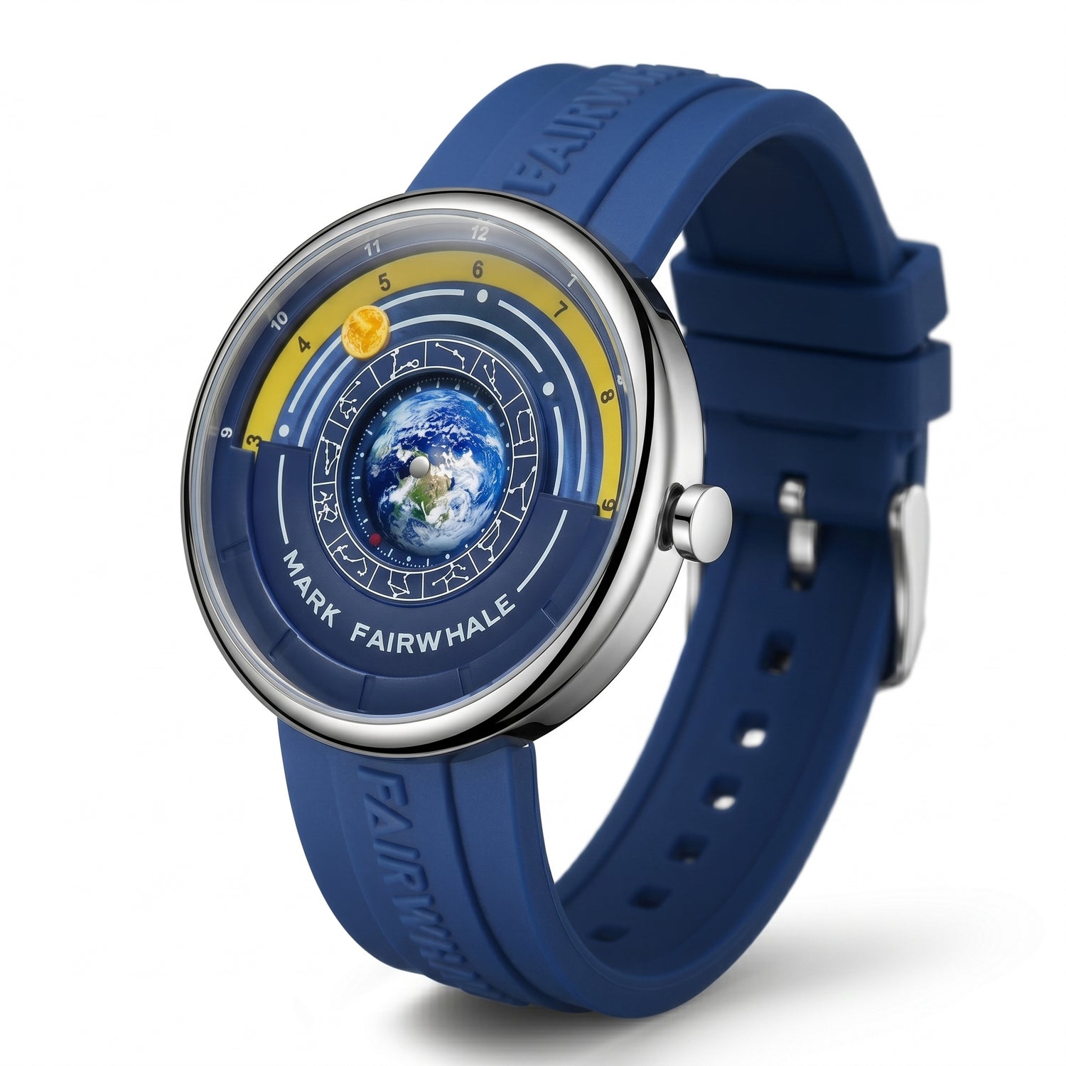 Blue watch with a detailed face on a white background