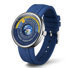 Blue watch with a detailed face on a white background