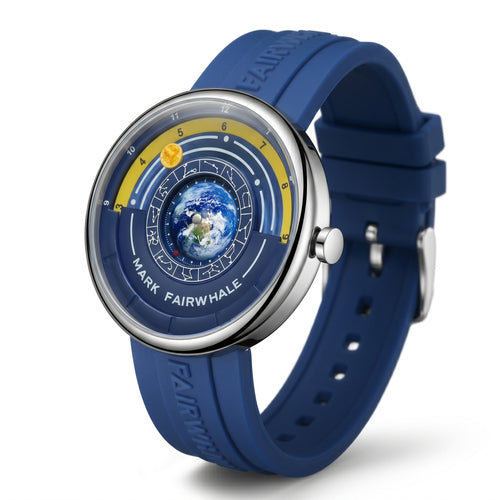 Blue watch with a detailed face on a white background