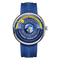 Blue watch with a detailed face featuring the Earth and 'Mark Fairwhale' branding on a white background.