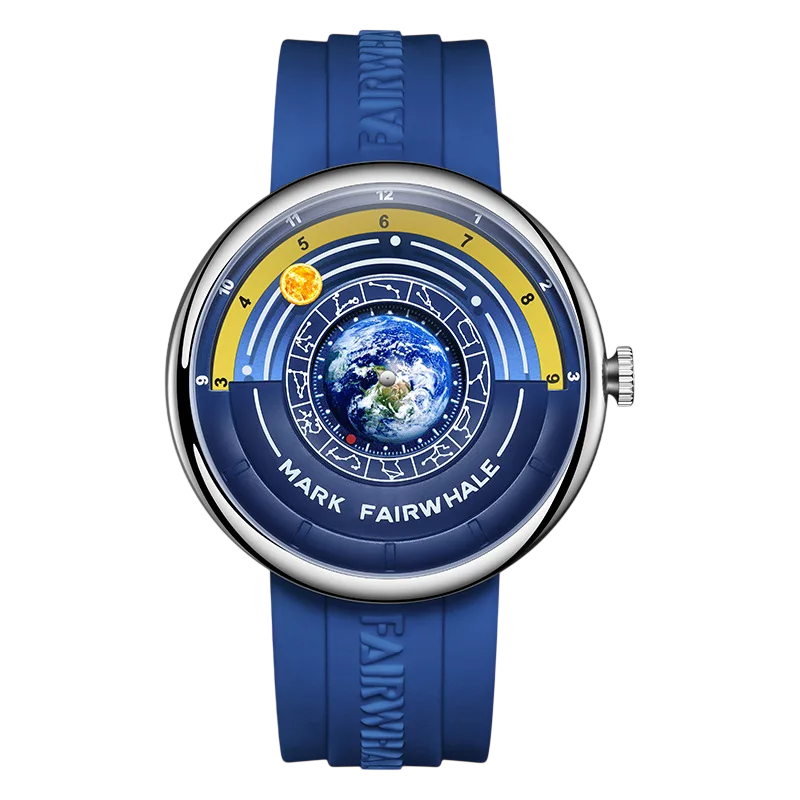 Blue watch with a detailed face featuring the Earth and &