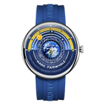Blue watch with a detailed face featuring the Earth and 'Mark Fairwhale' branding on a white background.