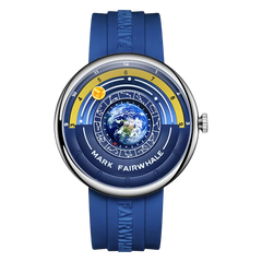 Blue watch with a detailed face featuring the Earth and 'Mark Fairwhale' branding on a white background.