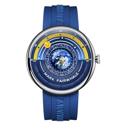 Blue watch with a detailed face featuring the Earth and &
