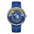 Blue watch with a detailed face featuring the Earth and &