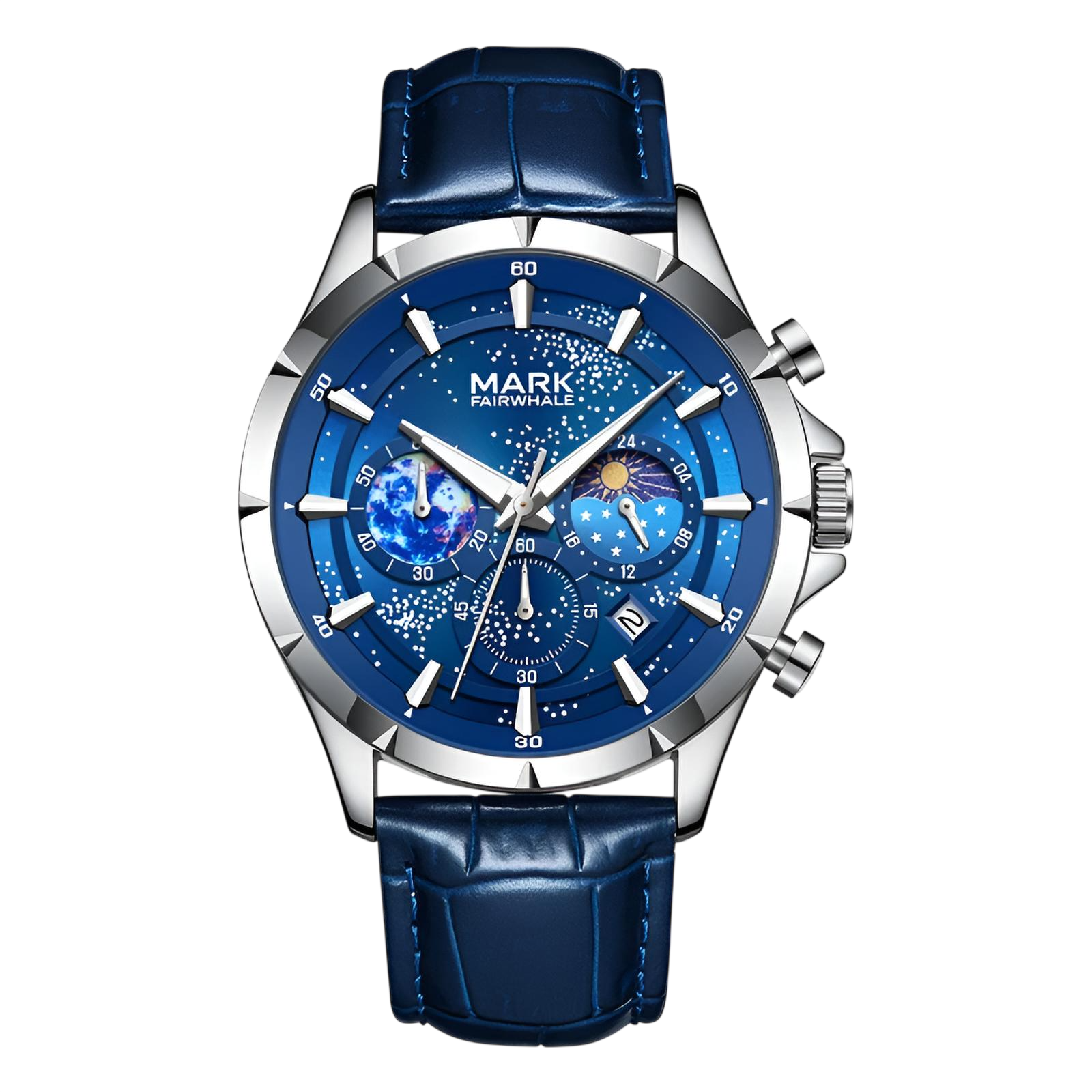 Blue watch with silver case and blue leather strap on a white background