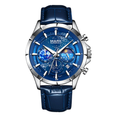 Blue watch with silver case and blue leather strap on a white background