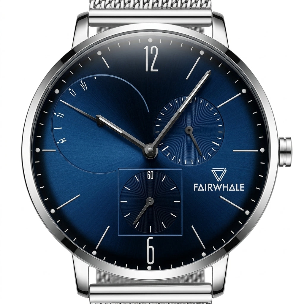 Blue watch with silver case and mesh band on a white background, featuring the brand 'Fairwhale'.
