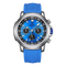Blue wristwatch with a detailed face on a white background