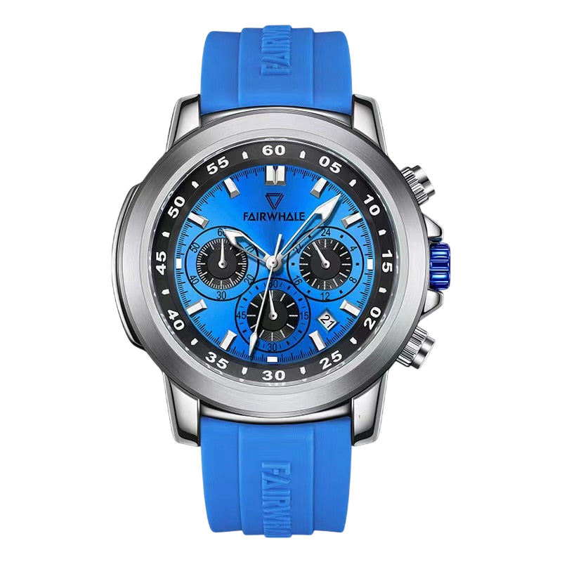 Blue wristwatch with a detailed face on a white background