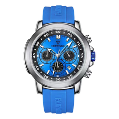 Blue wristwatch with a detailed face on a white background