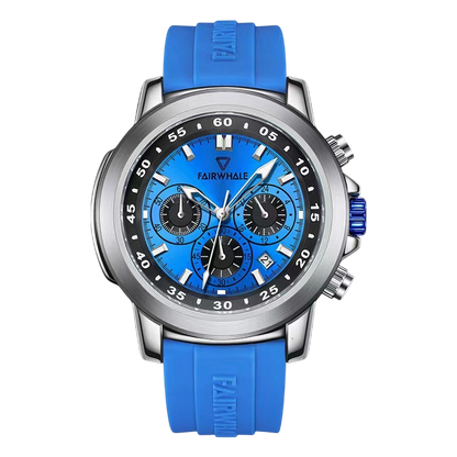 Blue wristwatch with a detailed face on a white background
