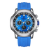 Blue wristwatch with a detailed face on a white background