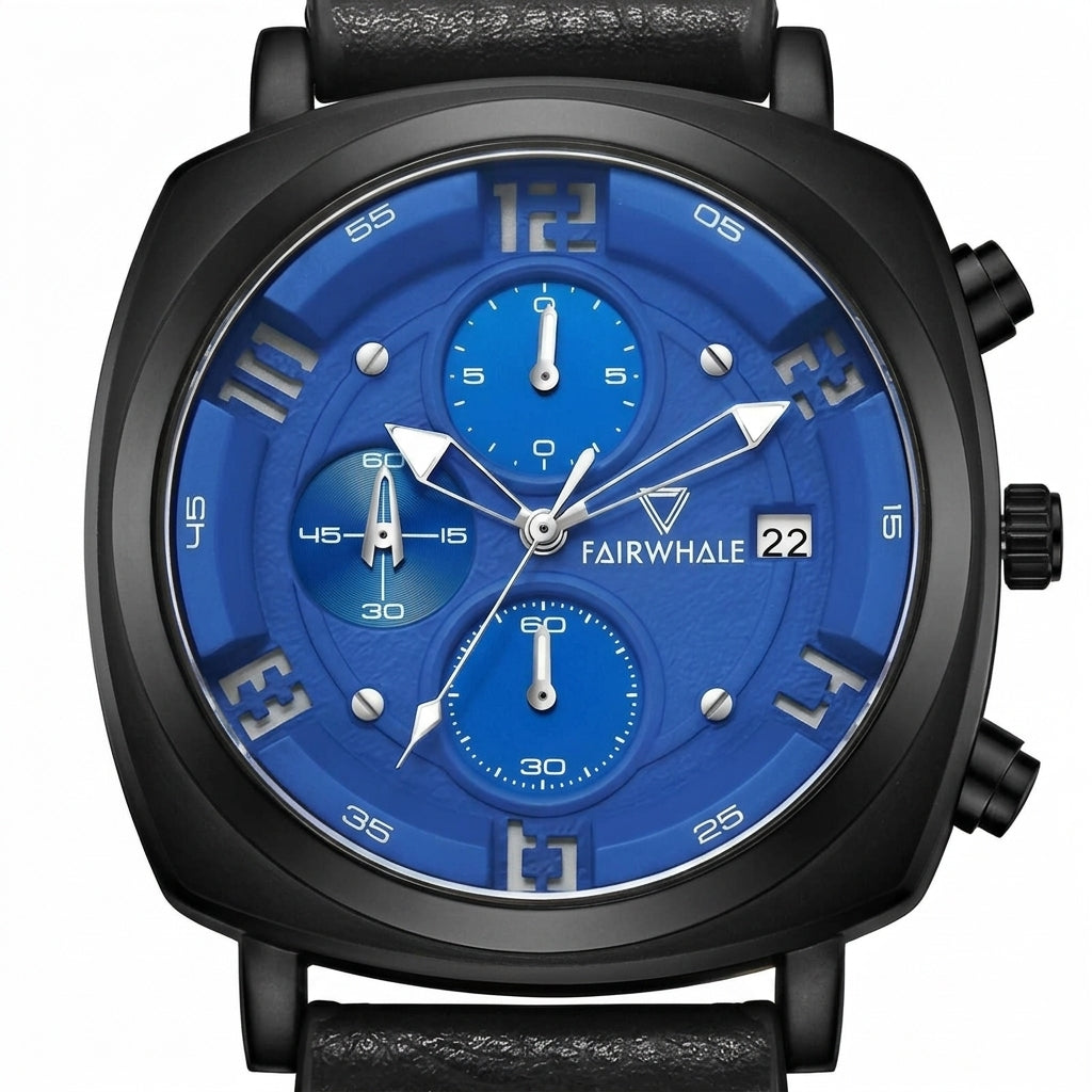 Blue wristwatch with black case and strap on a white background