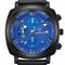 Blue wristwatch with black case and strap on a white background
