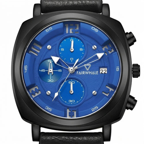 Blue wristwatch with black case and strap on a white background