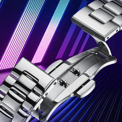 Bracelet Detail – Stainless steel bracelet and folding clasp of Mark Fairwhale 5210 RETRONEX retro TV dial men’s watch.