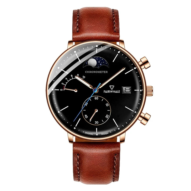 FW-5350 ASTRON quartz moon phase chronograph watch black dial brown leather strap