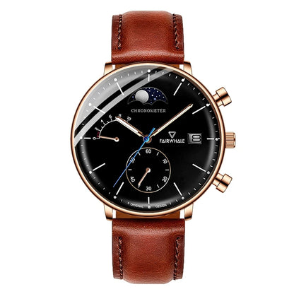 FW-5350 ASTRON quartz moon phase chronograph watch black dial brown leather strap