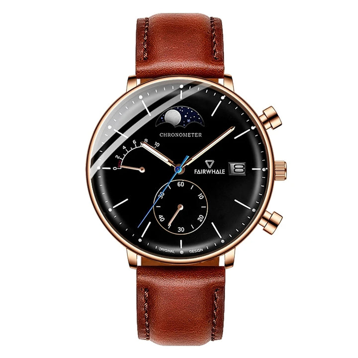 FW-5350 ASTRON quartz moon phase chronograph watch black dial brown leather strap