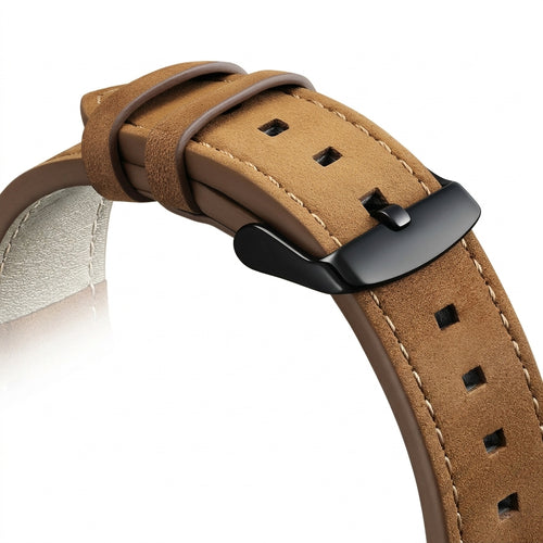 Brown leather watch strap with black buckle on a white background