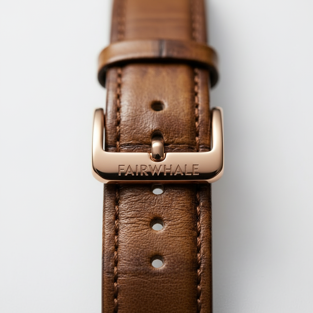 Brown leather watch strap with rose gold buckle on a white background