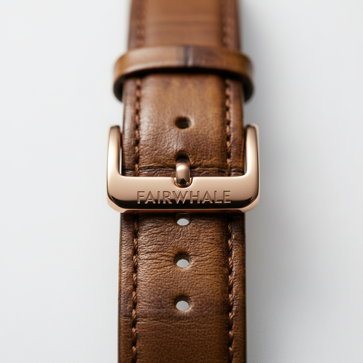 Brown leather watch strap with rose gold buckle on a white background