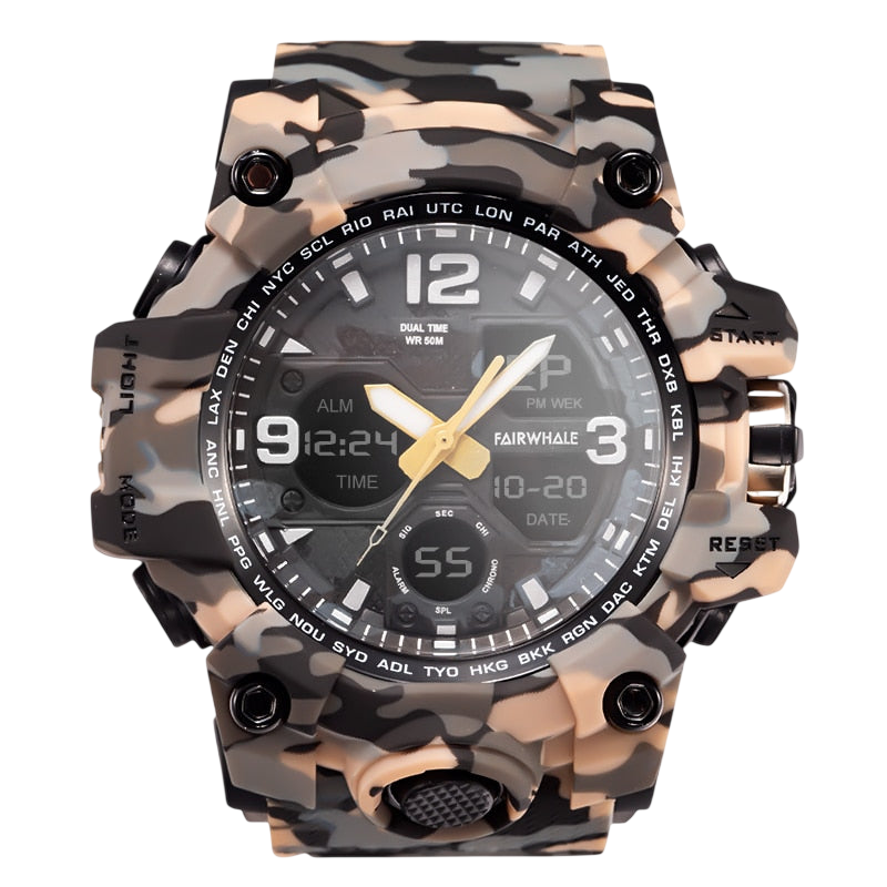 Camouflage-patterned watch with a detailed face on a white background