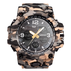 Camouflage-patterned watch with a detailed face on a white background