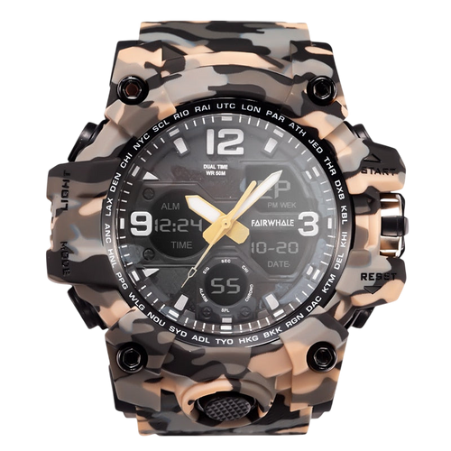 Camouflage-patterned watch with a detailed face on a white background