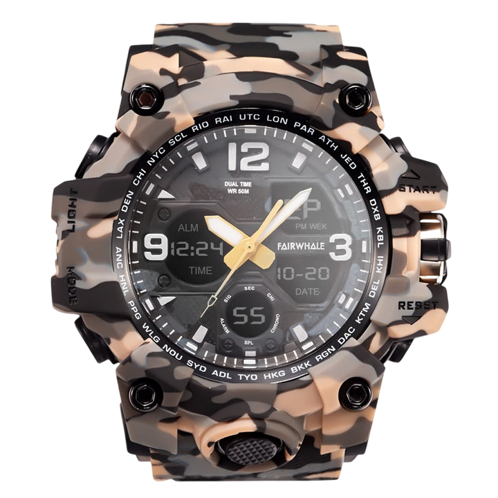 Camouflage-patterned watch with a detailed face on a white background