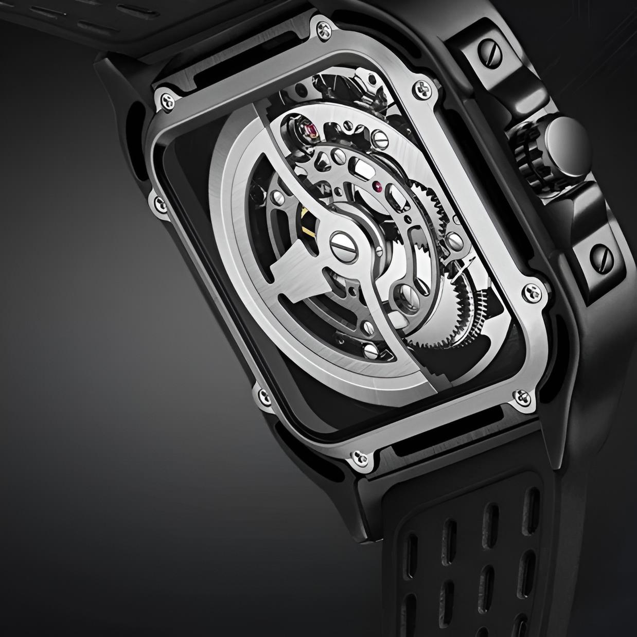 Caseback view of Mark Fairwhale FW-6530 ZEPHYROS showing transparent exhibition movement