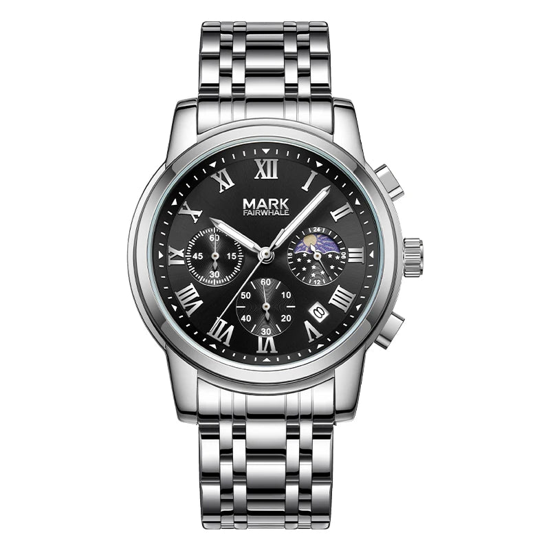 Chronograph Watch front dial with Roman numerals and moon phase