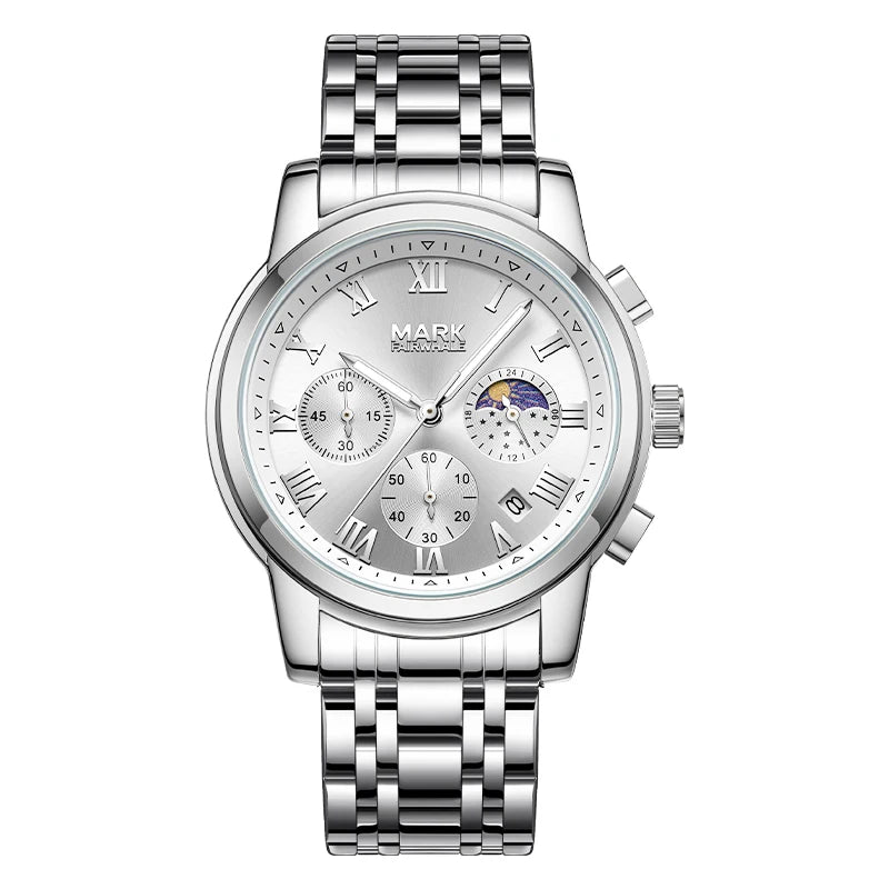 Chronograph Watch front dial with Roman numerals and moon phase