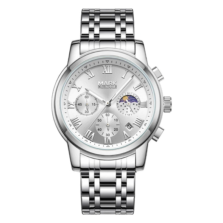 Chronograph Watch front dial with Roman numerals and moon phase