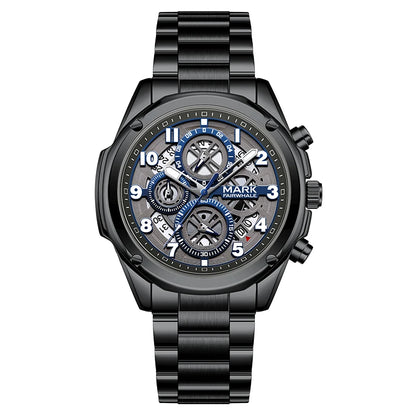Chronograph quartz watch with luminous hands and markers for night visibility