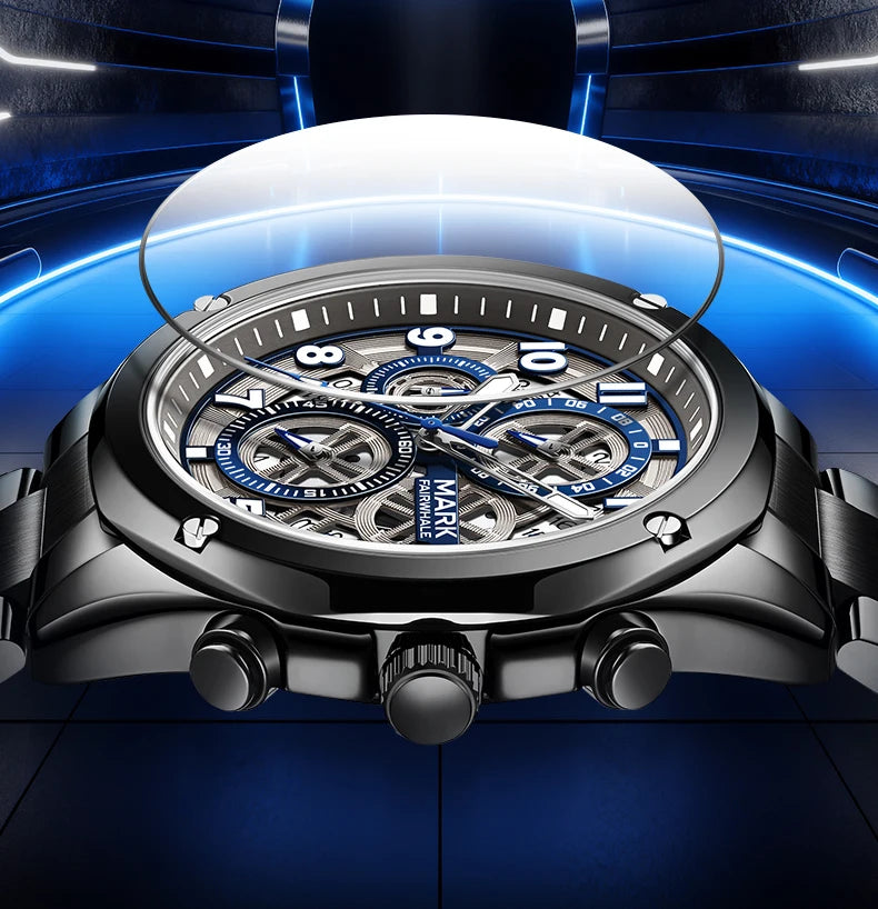 Chronograph quartz watch with reinforced case and high-transparency glass