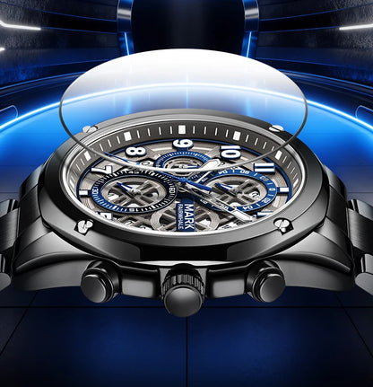 Chronograph quartz watch with reinforced case and high-transparency glass